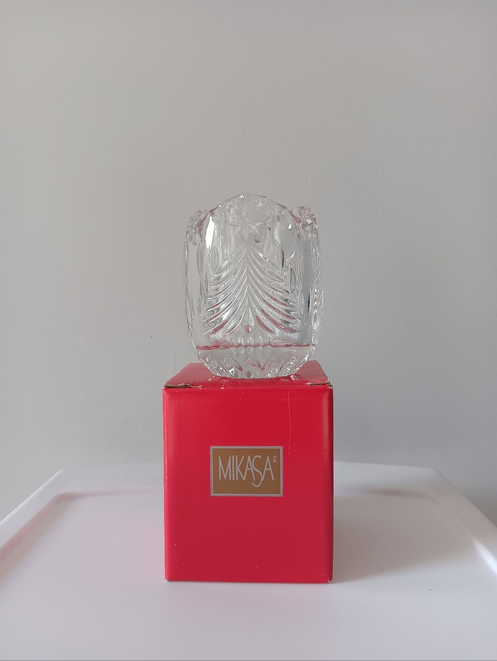 Vintage Mikasa Christmas Tree Clear Glass Votive Candle Holder Original Box